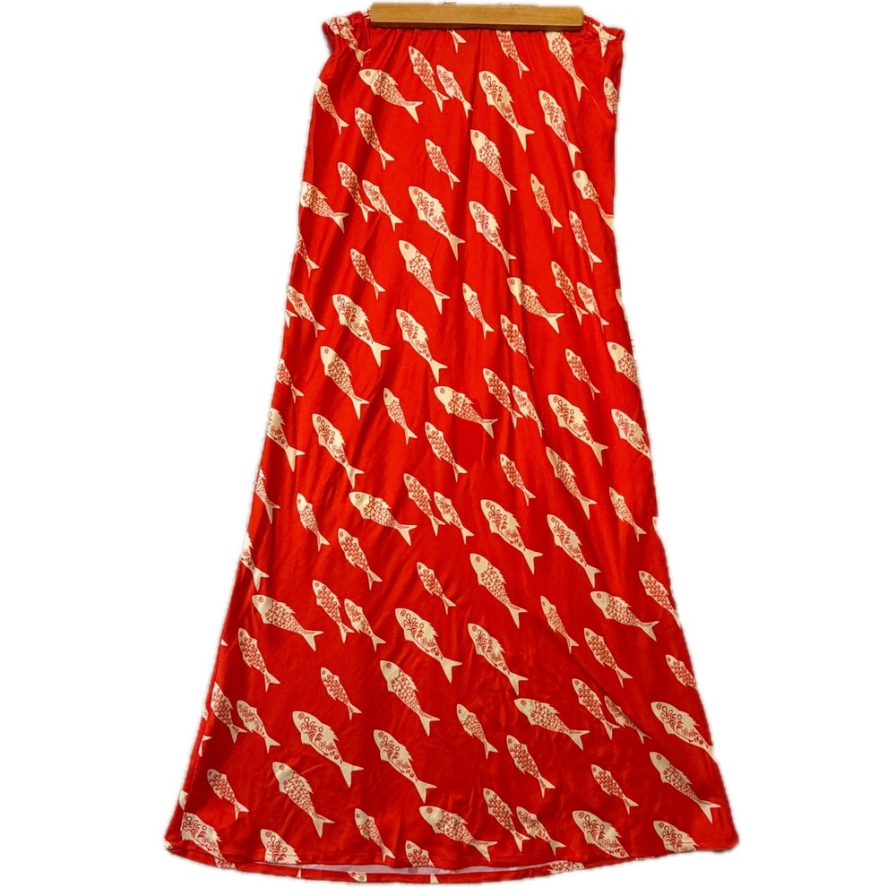 NEVER FULLY DRESSED Red Fish Print Satin Maxi Skirt Size 8